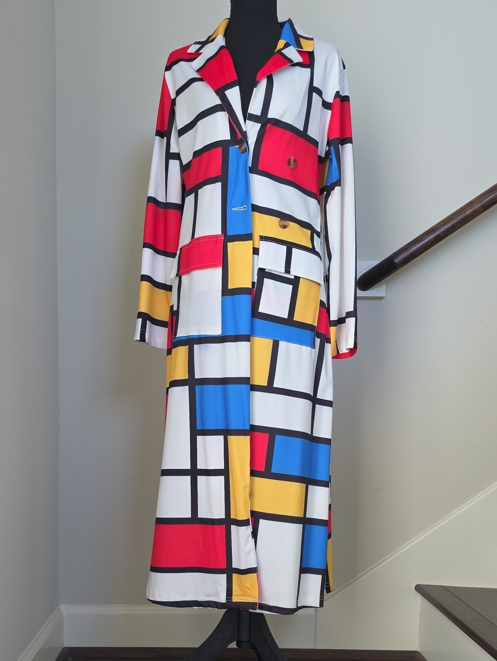 Colorblock Long Trench Coat - White with Red, Blue & Yellow